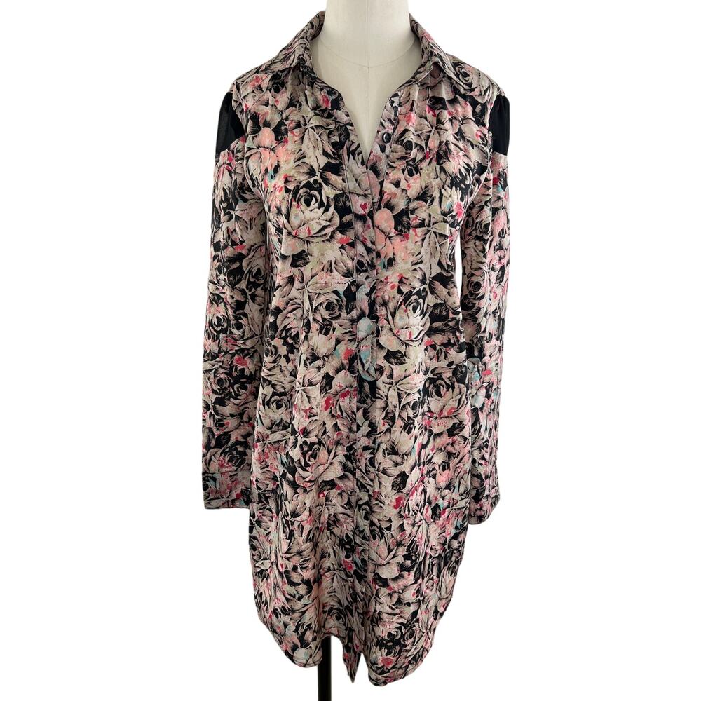 BCBGeneration Multicolor Rose Print Long Sleeve Mesh Shoulder Blouse Size XXS